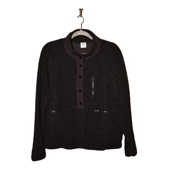 PINK‎ VICTORIA'S SECRET $70 Textured Fleece Snap Placket Jacket Black Medium - Picture 1 of 3